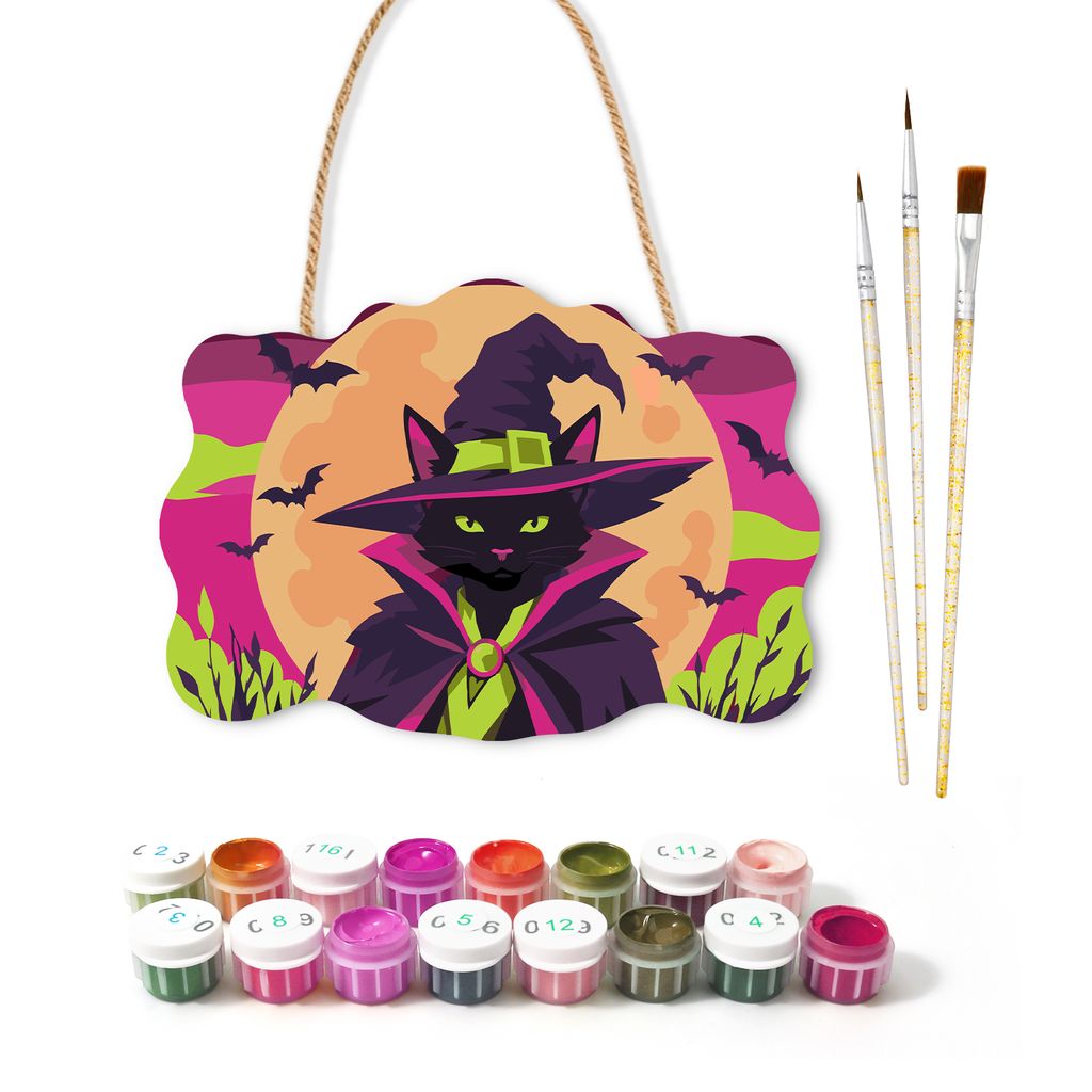 Cat Witch Wooden Halloween Sign Paint by Number
