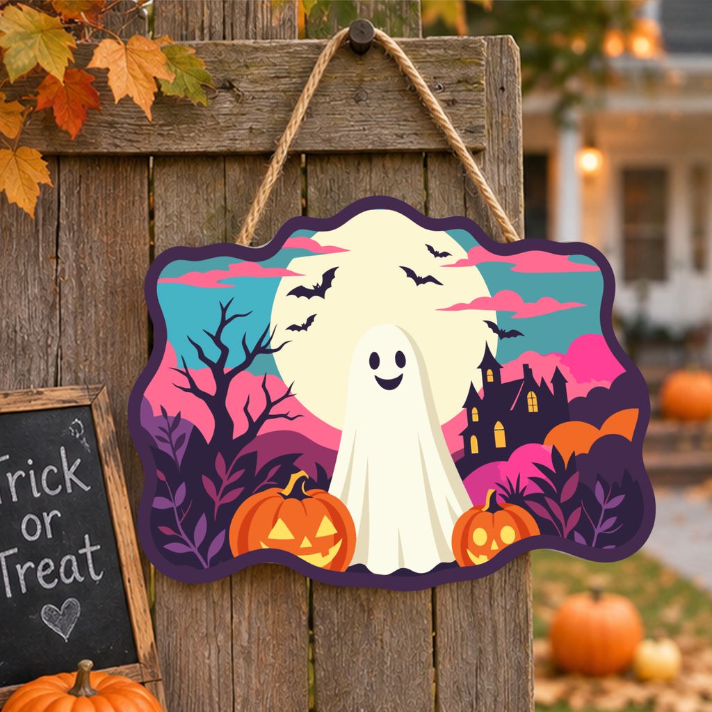 Ghost White Moon Wooden Halloween Sign Paint by Number