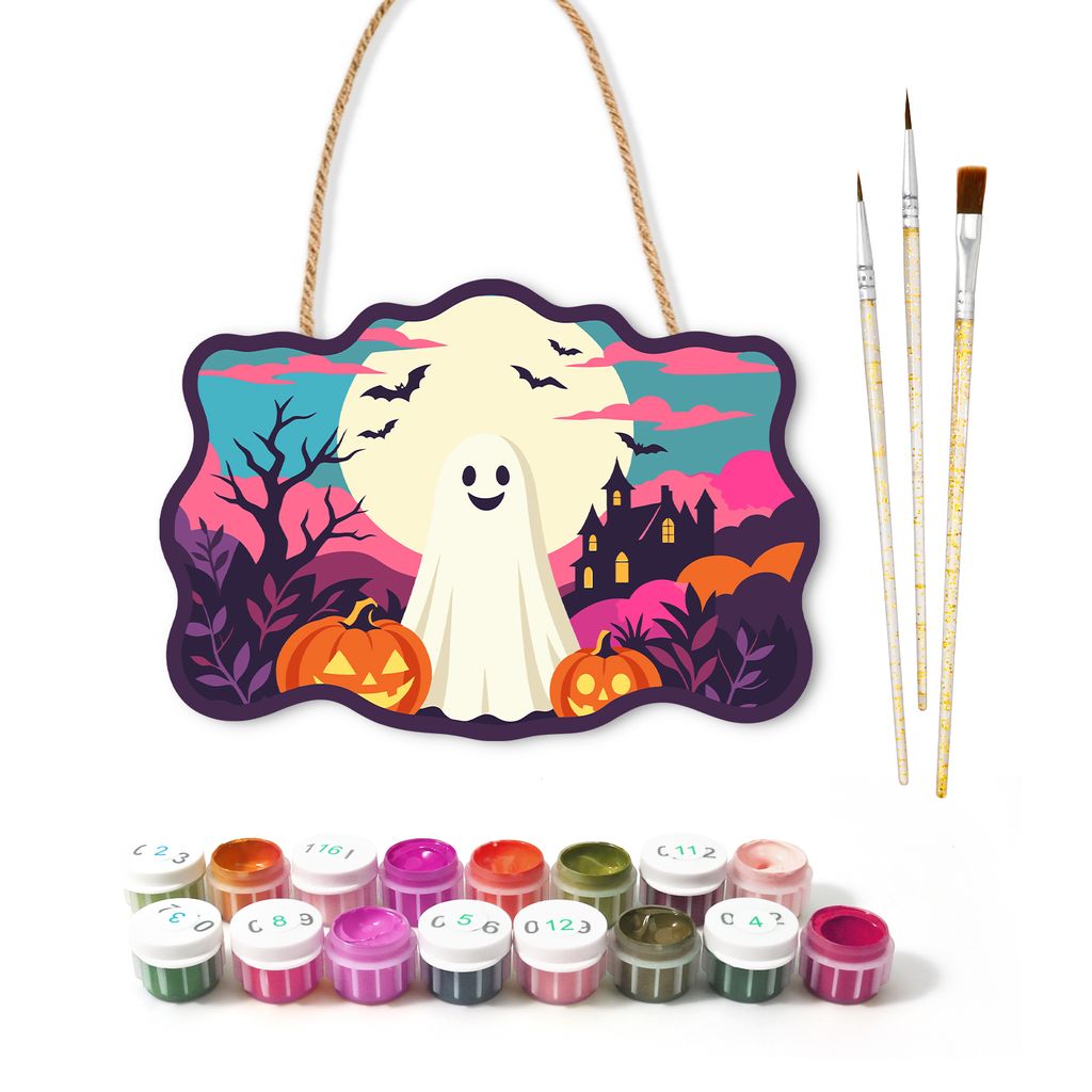 Ghost White Moon Wooden Halloween Sign Paint by Number