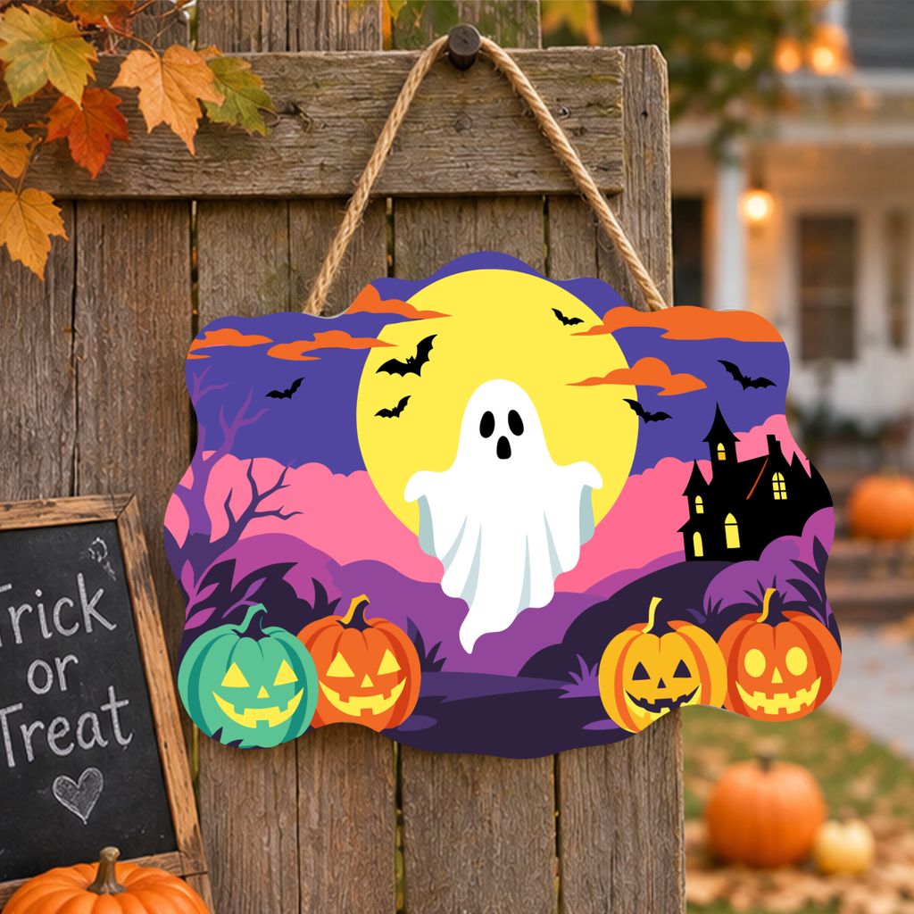 Ghost Yellow Moon Wooden Halloween Sign Paint by Number