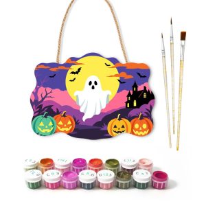 Ghost Yellow Moon Wooden Halloween Sign Paint by Number