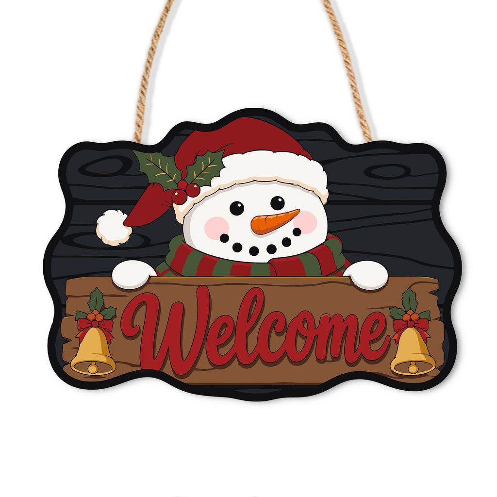 Wooden Christmas Paint by Number Sign Welcome Snowman with Santa's Hat